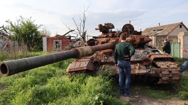 A destroyed Russian tank