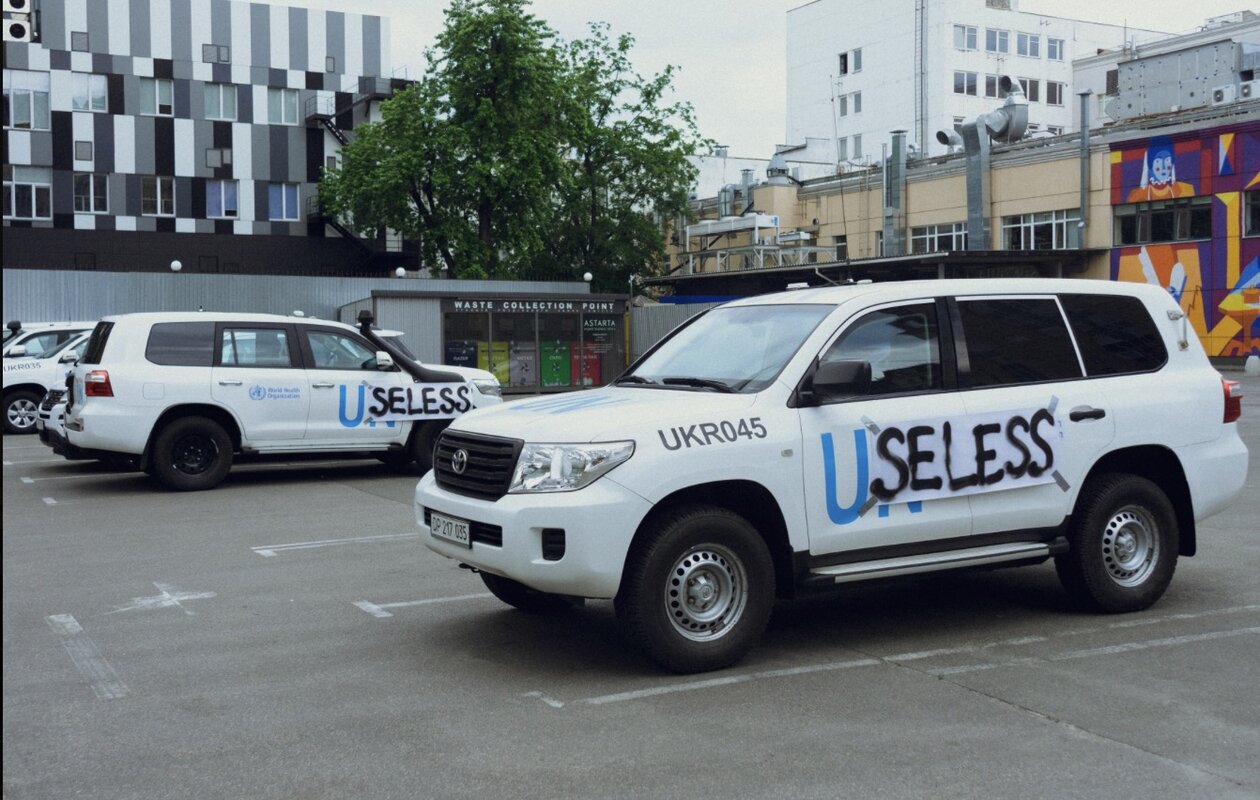 Vandalised UN cars in Kyiv, Ukraine